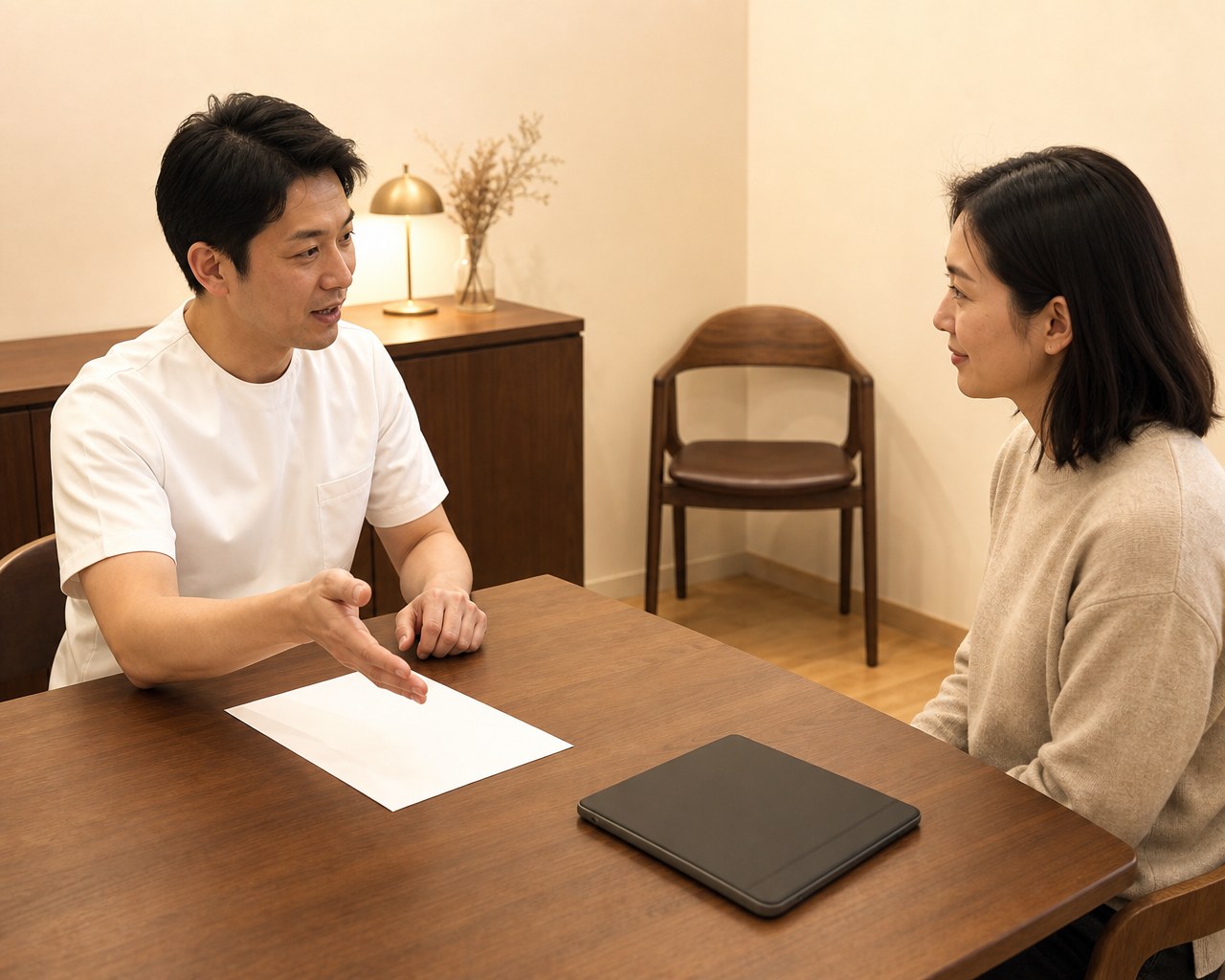 診療室のテーブルで、女性の患者にカウンセリングをする歯科医師