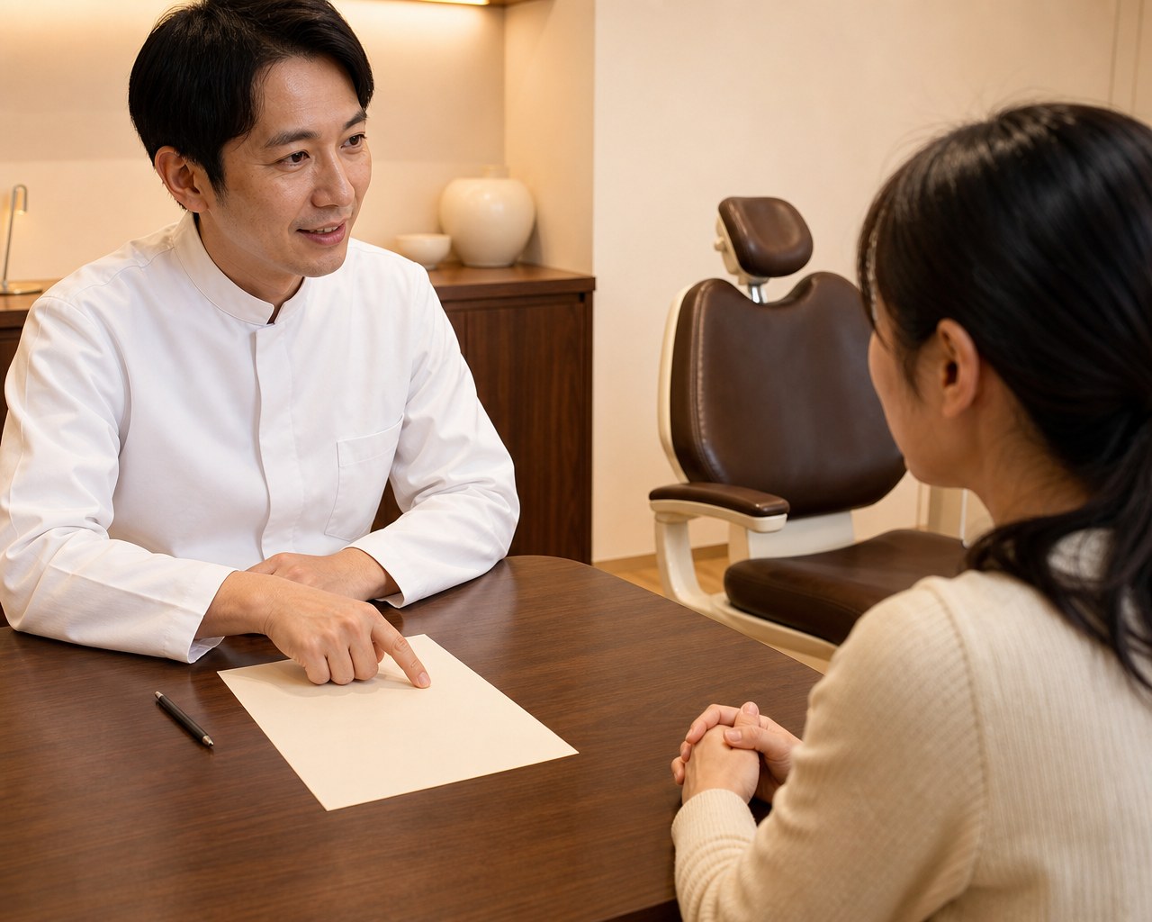 書類を前に、女性の患者へ料金の説明をする歯科医師