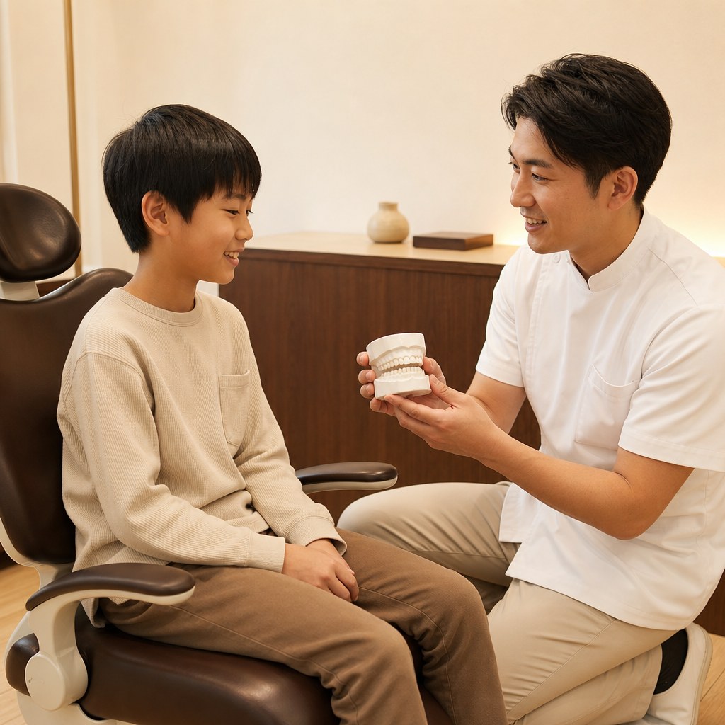 模型を使って小児矯正の説明を受ける親子
