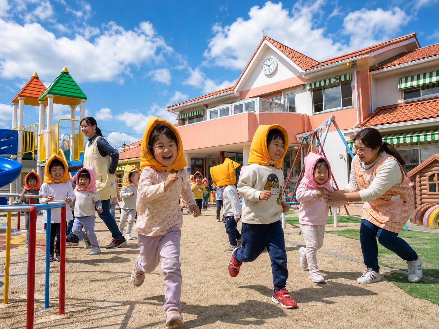 避難訓練をする園児と先生
