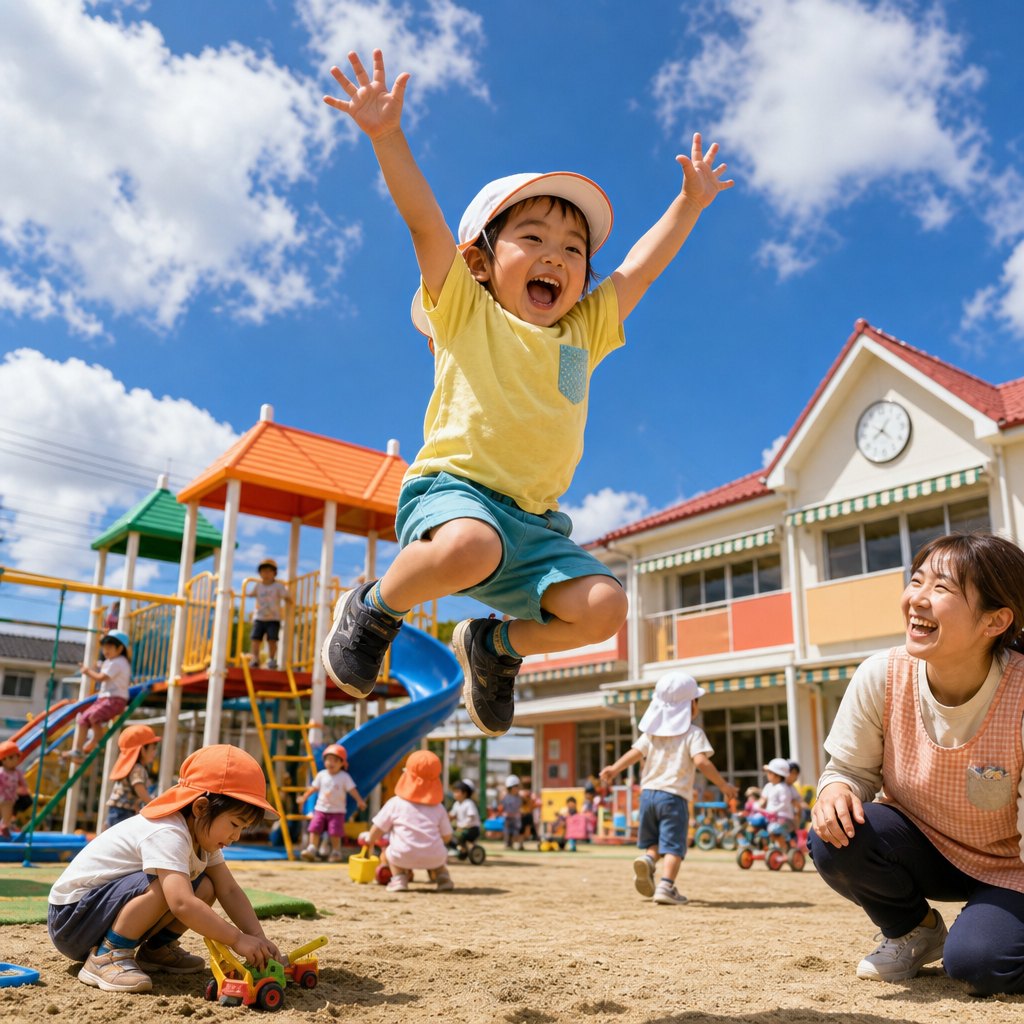 園庭で跳びはねる園児