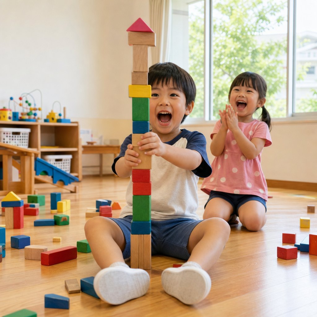 つみきの塔を見せる園児