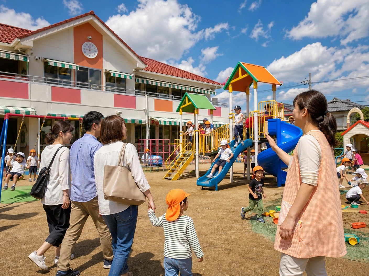 園内を見学する保護者と先生