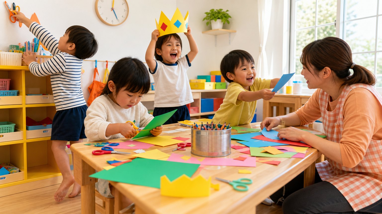 色紙で工作をする園児と先生