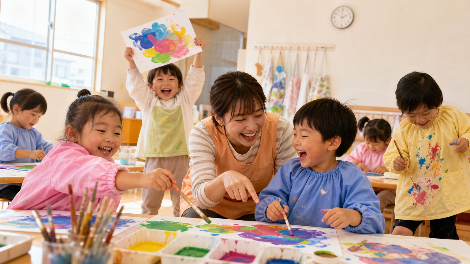 絵の具で絵を描く園児と先生