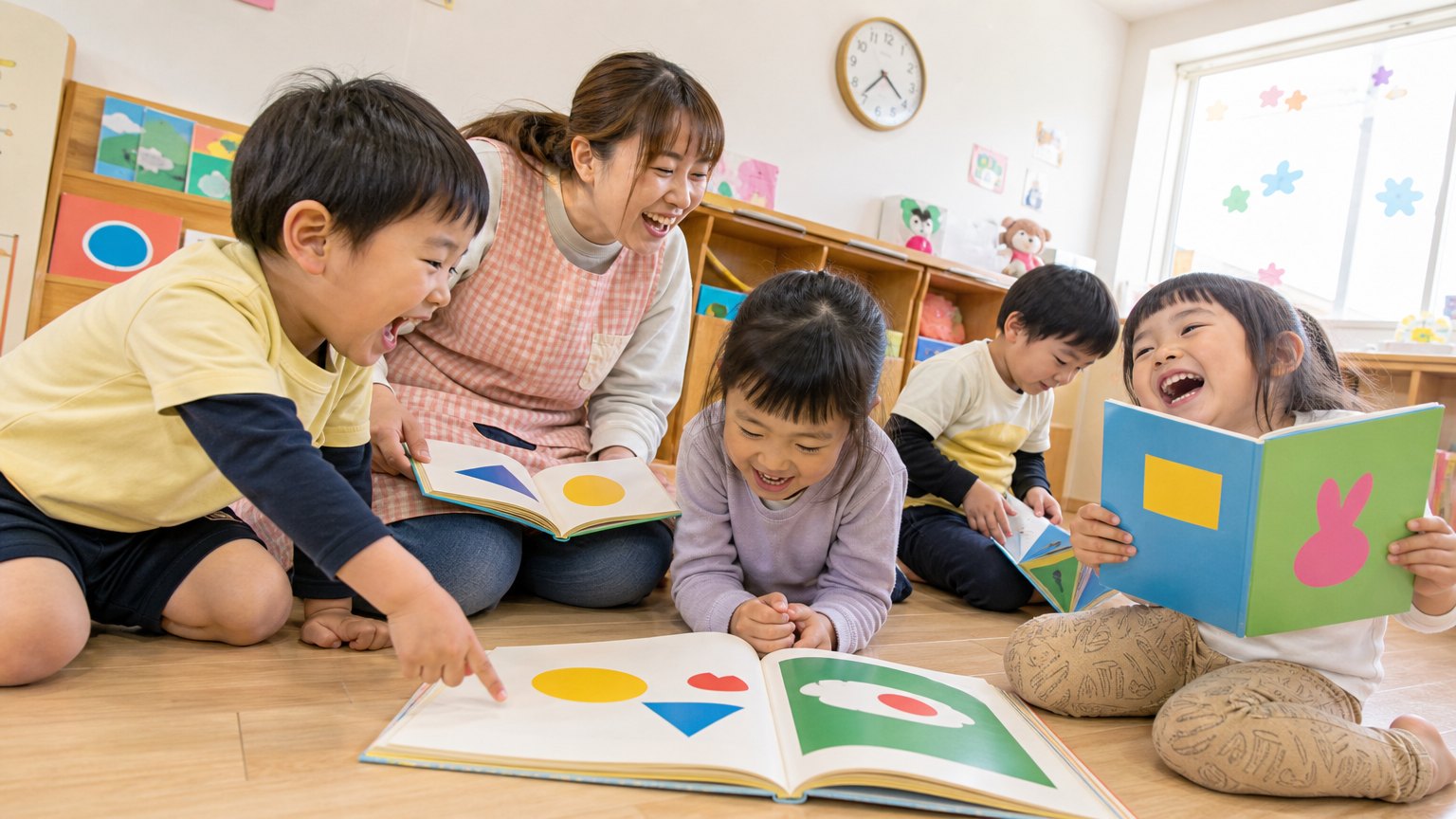 絵本を囲む園児と先生