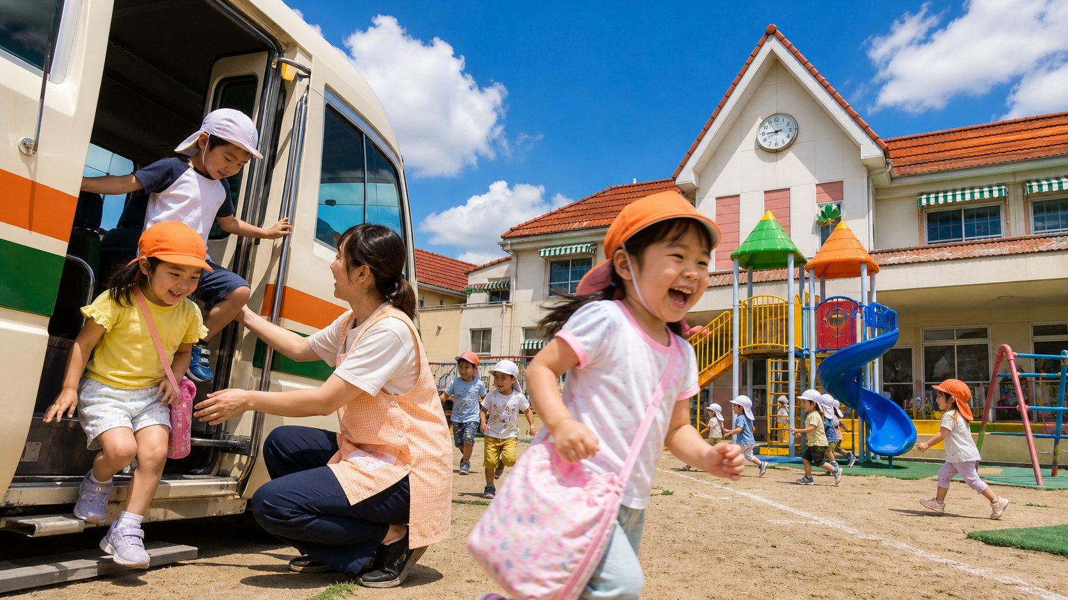 通園バスから降りる園児と先生