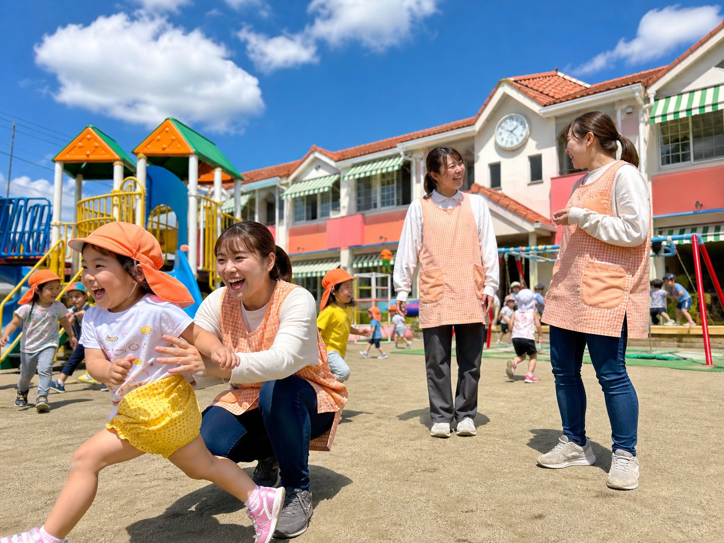 園庭で話す3人の先生