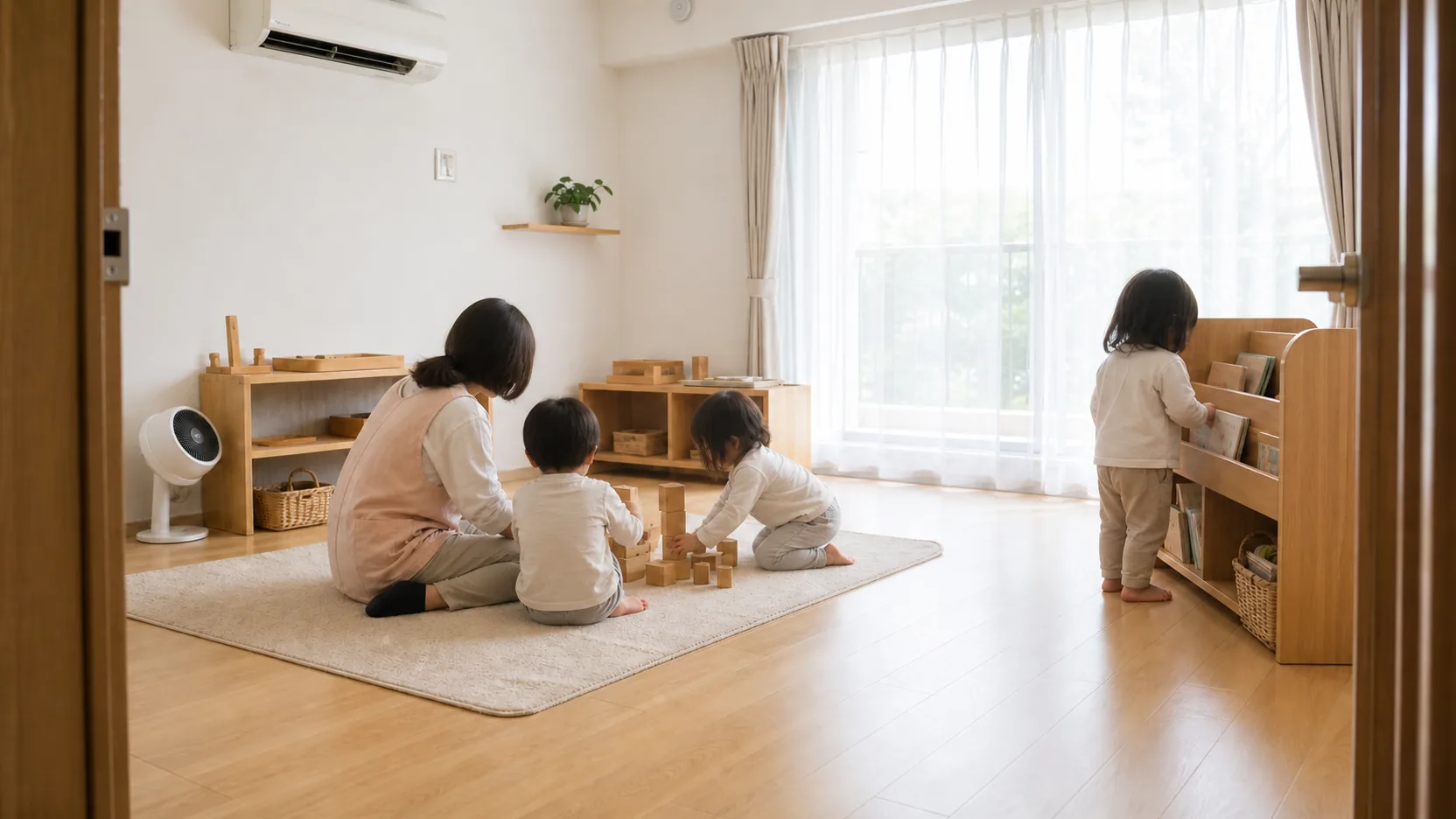 戸口から見た保育室。木の棚と窓ぎわで子どもたちが遊んでいる