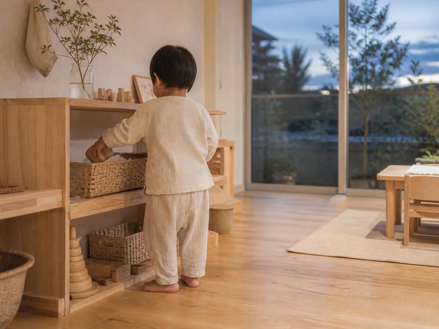 夕方の保育室で、子どもがおもちゃをかごに片付けているところ