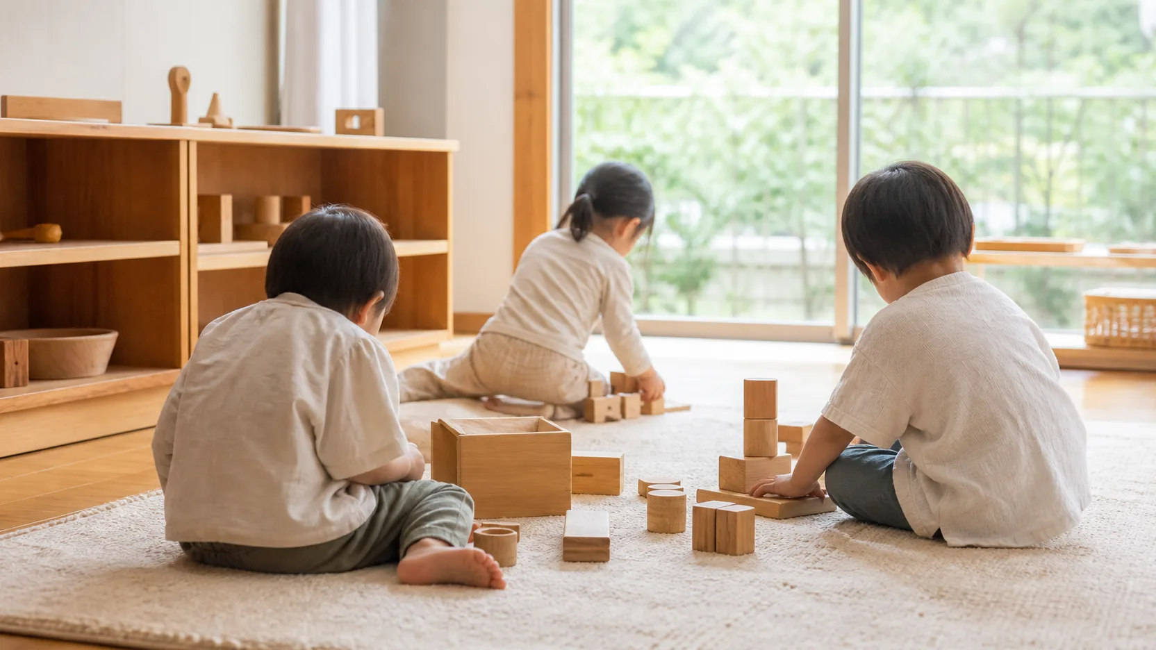 保育室の床で、子どもたちが木のおもちゃで遊んでいるところ
