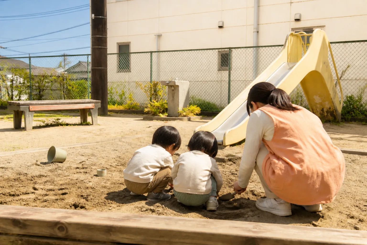近くの公園の砂場で、保育士と子どもたちが遊んでいる後ろ姿