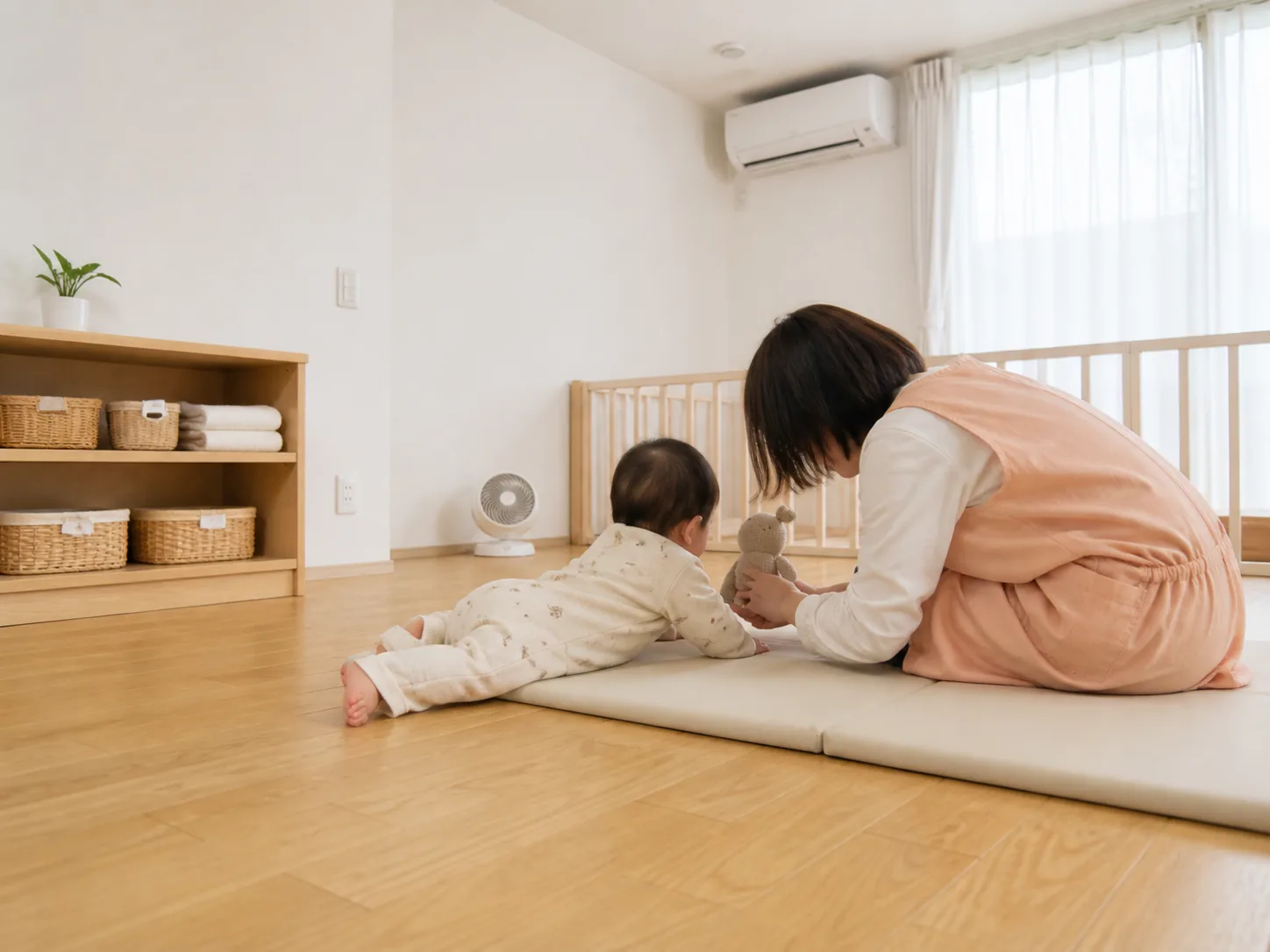 0歳児室。低い棚とマットの上で、保育士が赤ちゃんと過ごしている