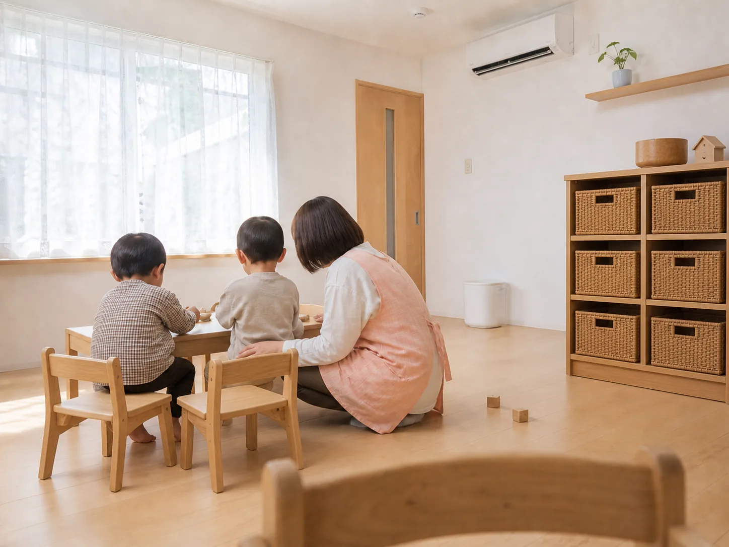 1・2歳児室。木の低いテーブルと椅子で子どもたちが遊んでいる