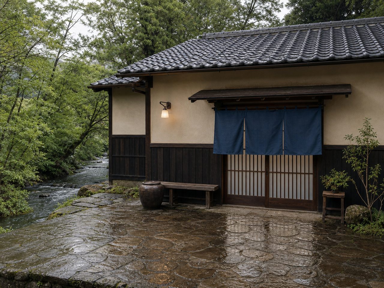 昼の水澄の店構え。藍染の暖簾と打ち水された石畳
