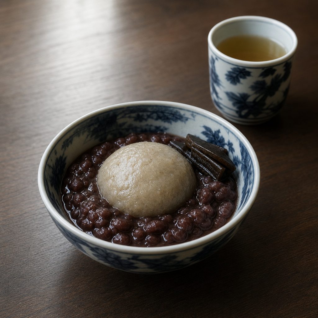 そばがきぜんざいと塩昆布を添えた小鉢