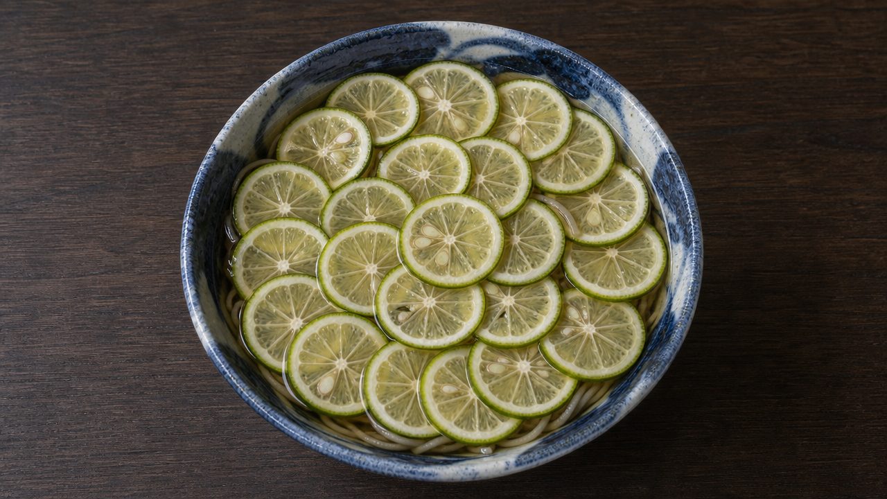 すだちを敷き詰めた冷たい蕎麦