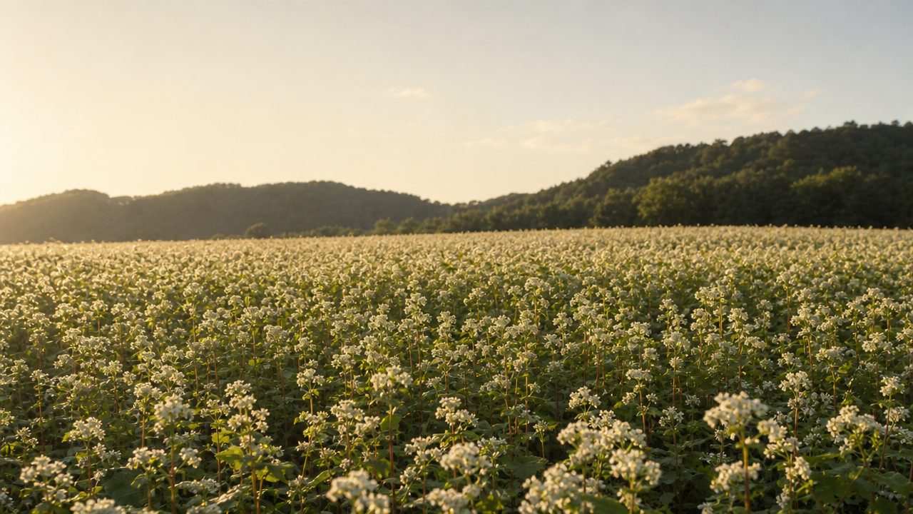 白い花をつけた蕎麦畑の全景