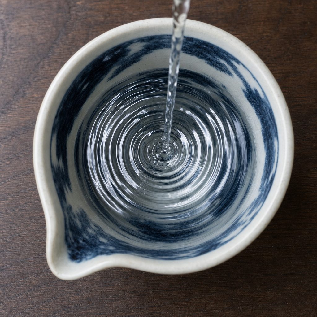 片口に注がれる和らぎ水の波紋