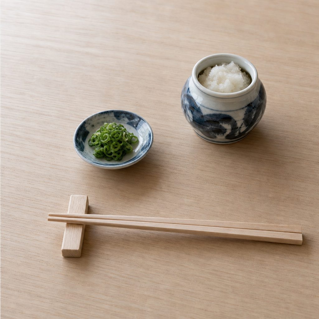 卓上の薬味と箸置き