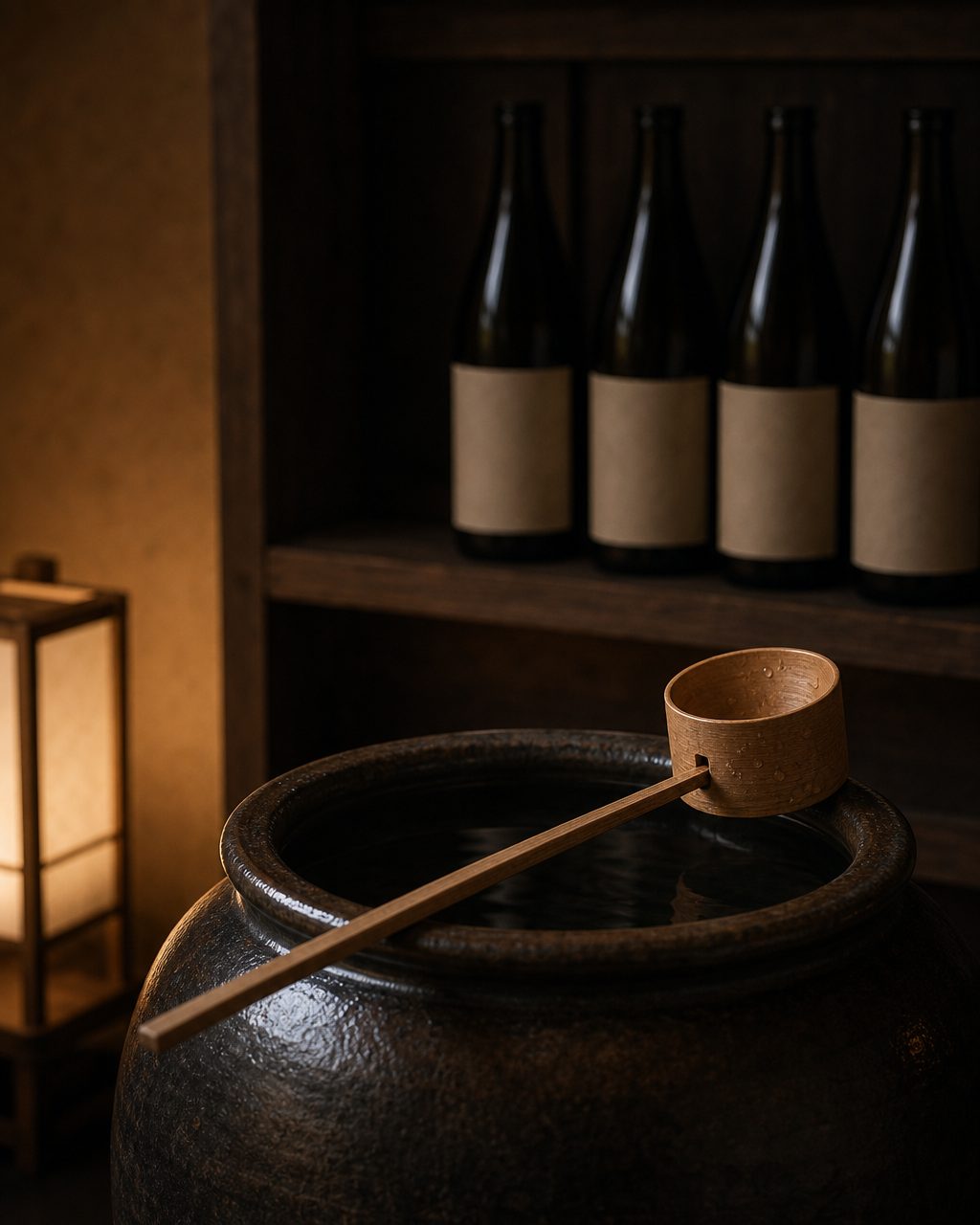 仕込み水を汲む柄杓と甕、奥に一升瓶の棚