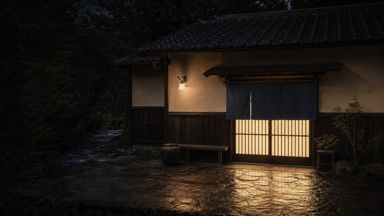 夜の水澄の店構え。灯りの透ける格子戸と藍染の暖簾、打ち水された石畳