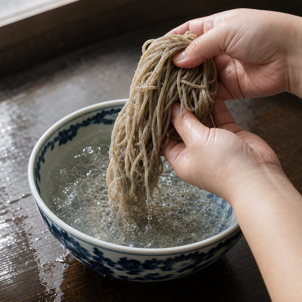 冷水にさらした蕎麦を持ち上げる手元