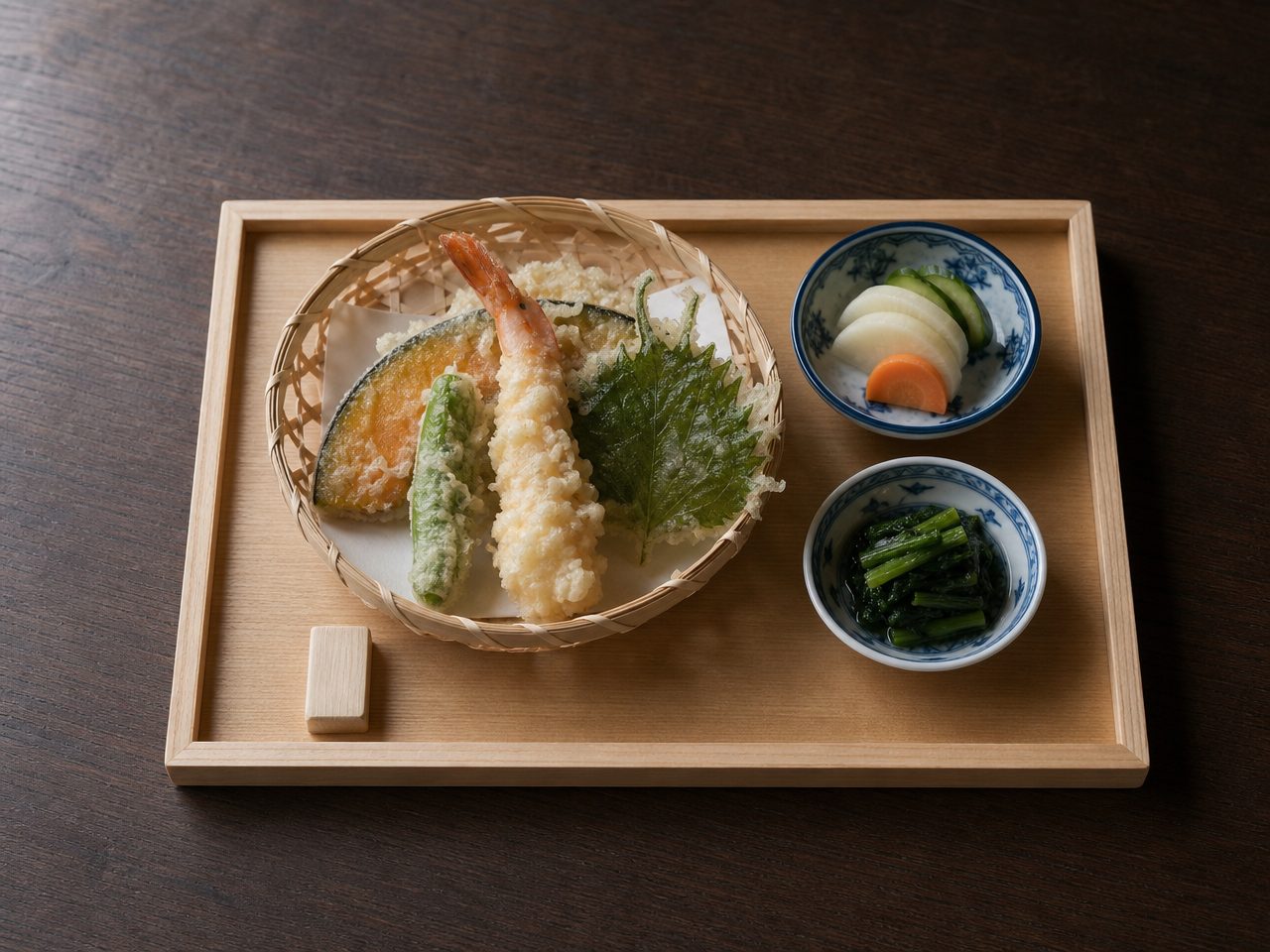 天ぷらと小鉢を添えた昼膳