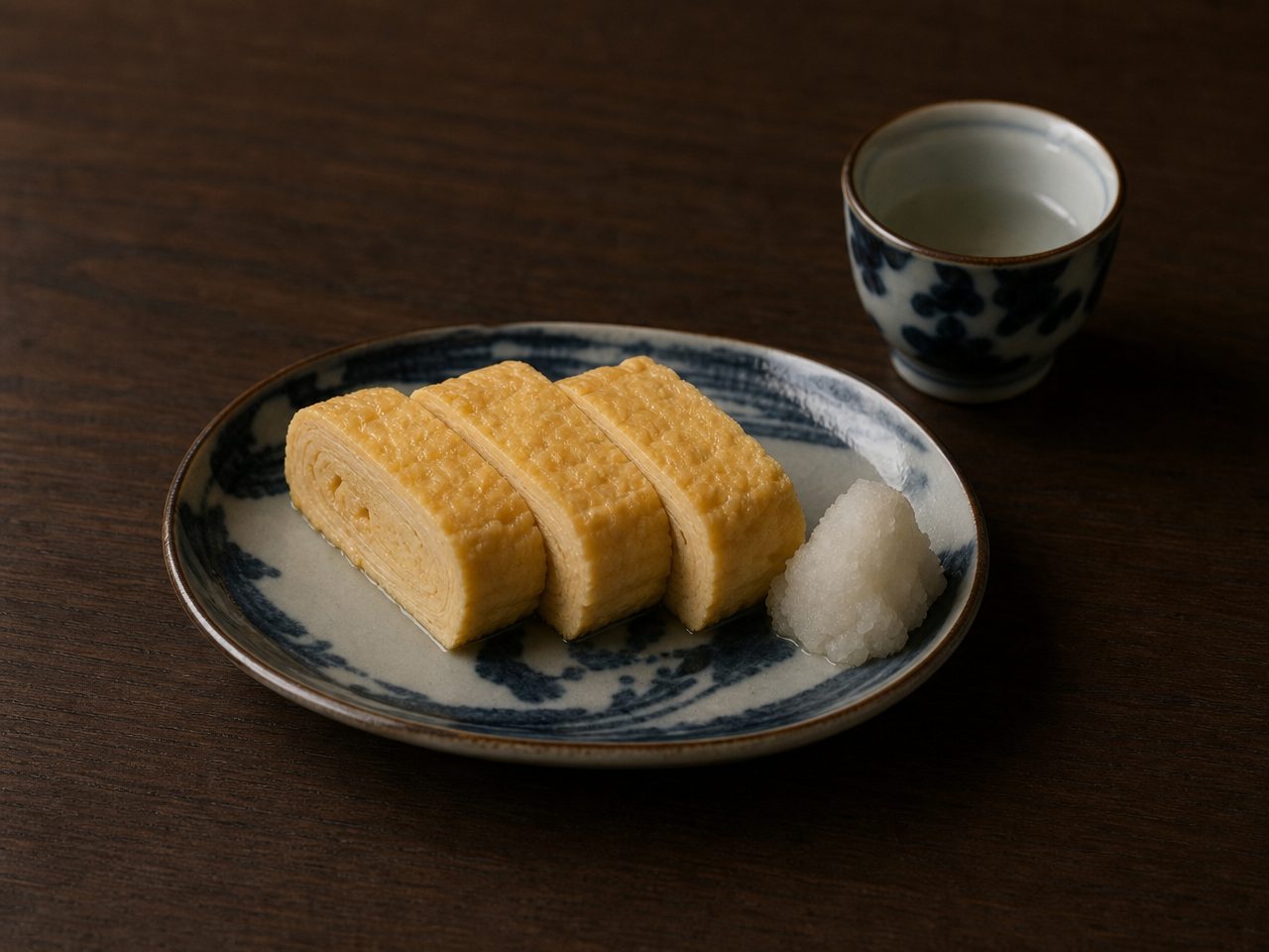 出汁巻き玉子と猪口の酒