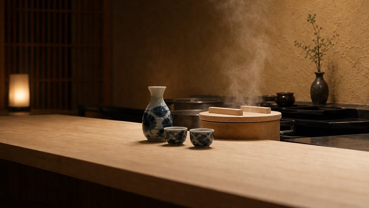 夜のカウンターに並ぶ徳利と猪口、湯気の立つ蕎麦湯