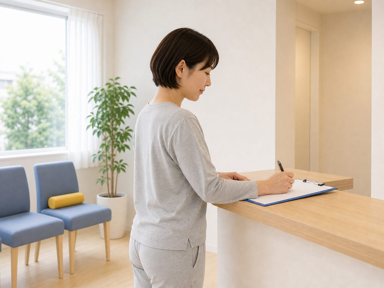受付で問診票に記入する様子