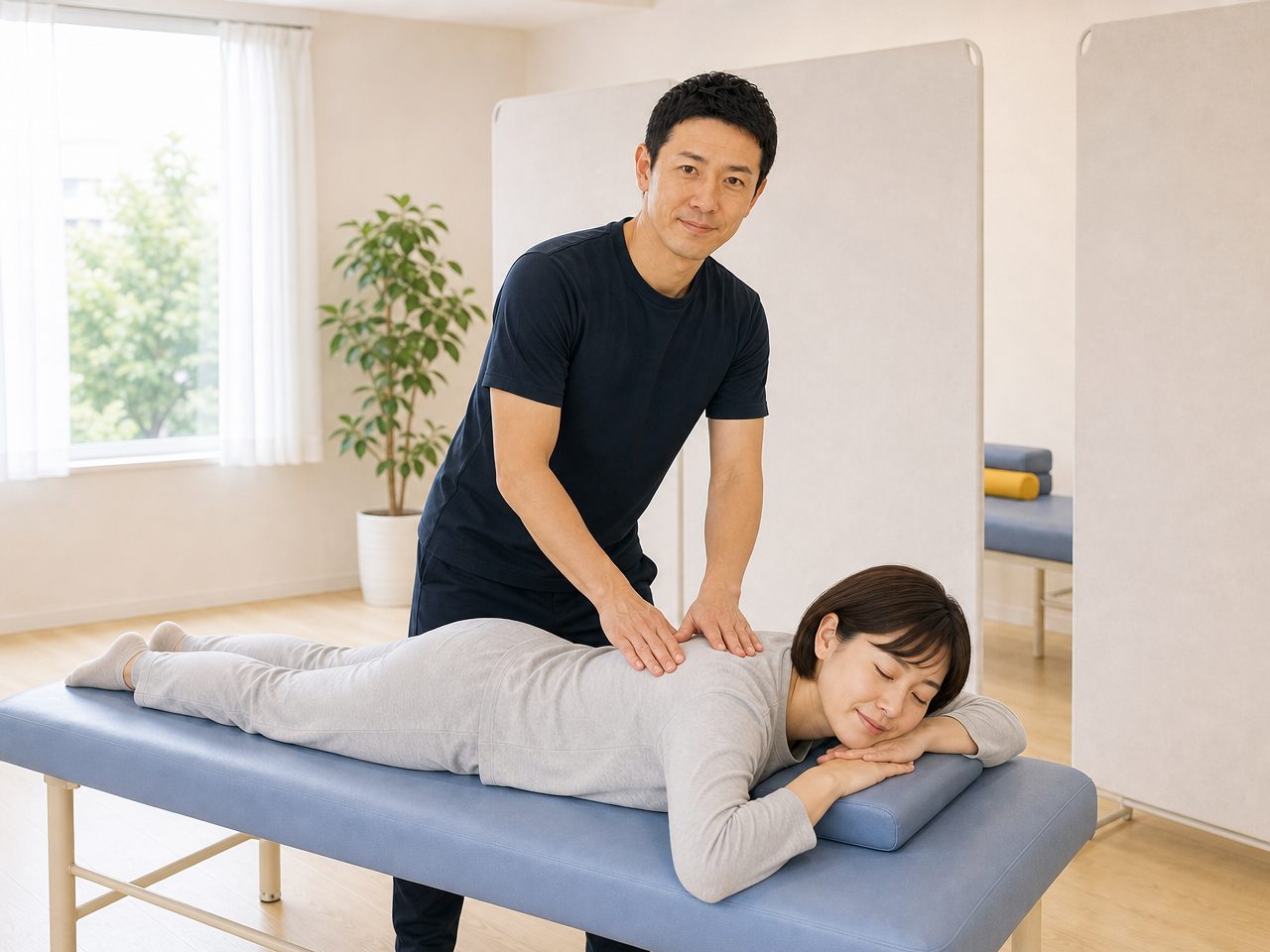施術ベッドで背中の施術を受ける様子