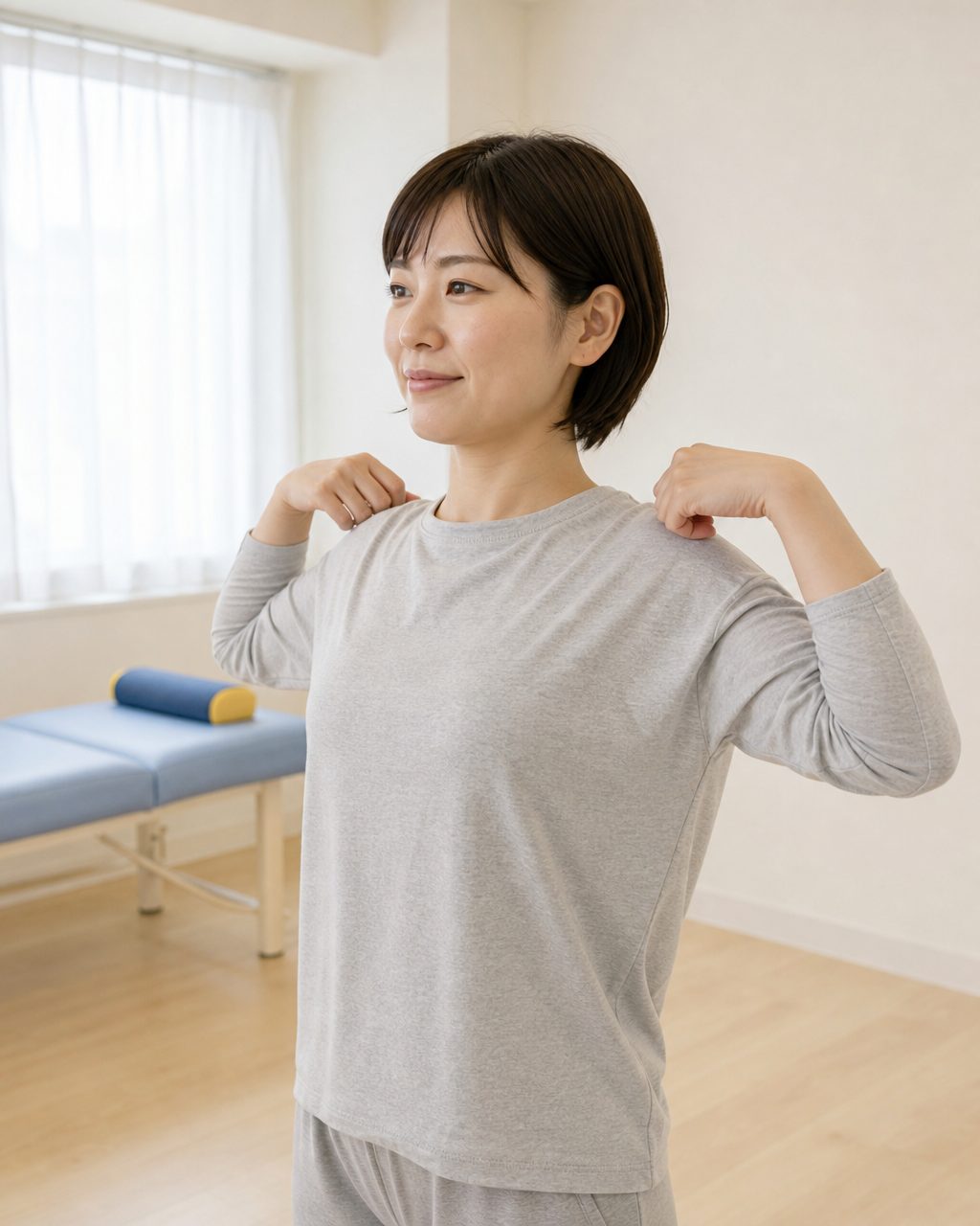 肩を回してストレッチする女性