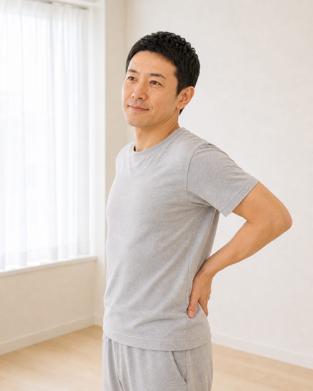 腰まわりをゆっくり伸ばす男性