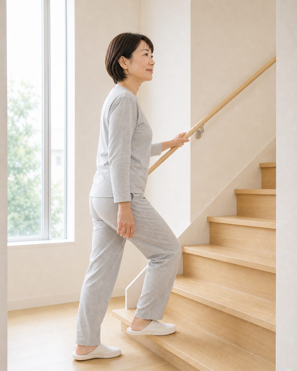 手すりを持って階段を上る女性