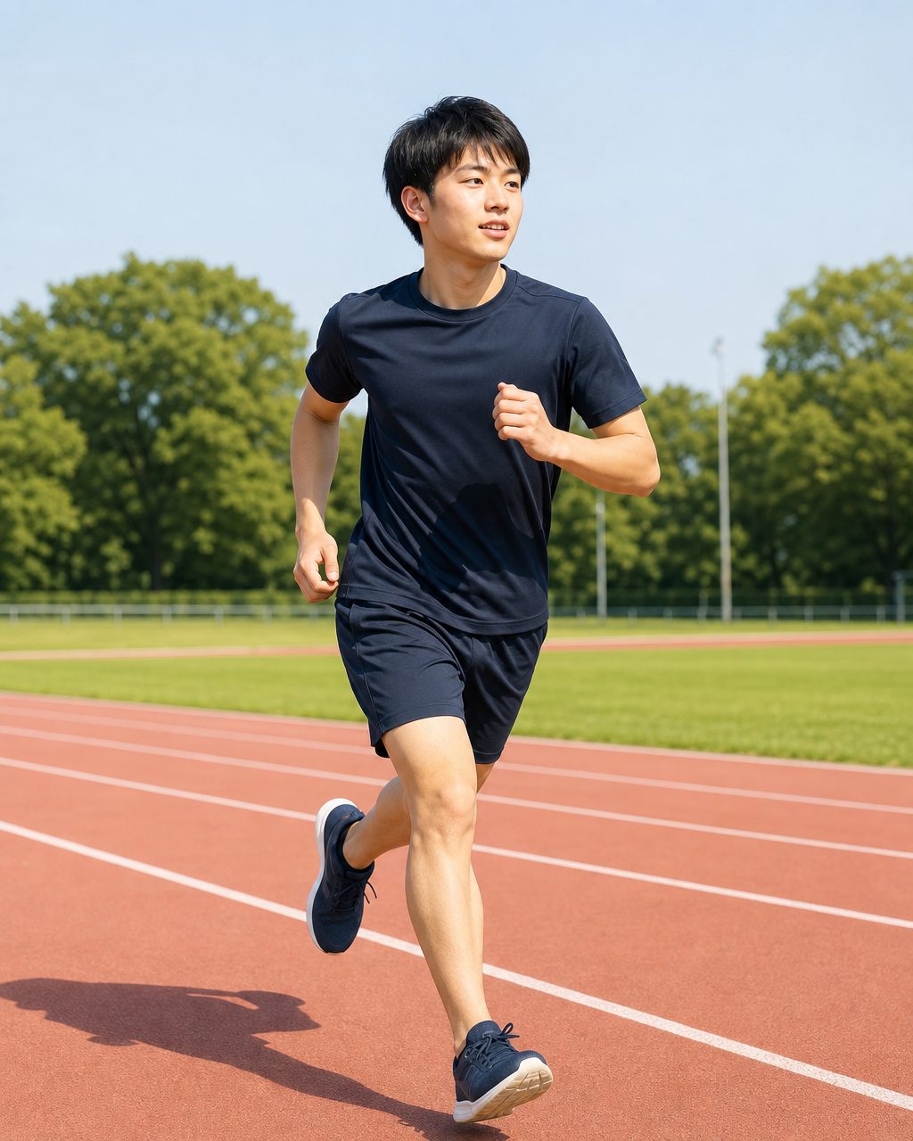 屋外のトラックを走る学生