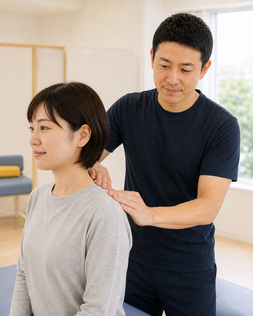 座った状態で肩を確認する様子