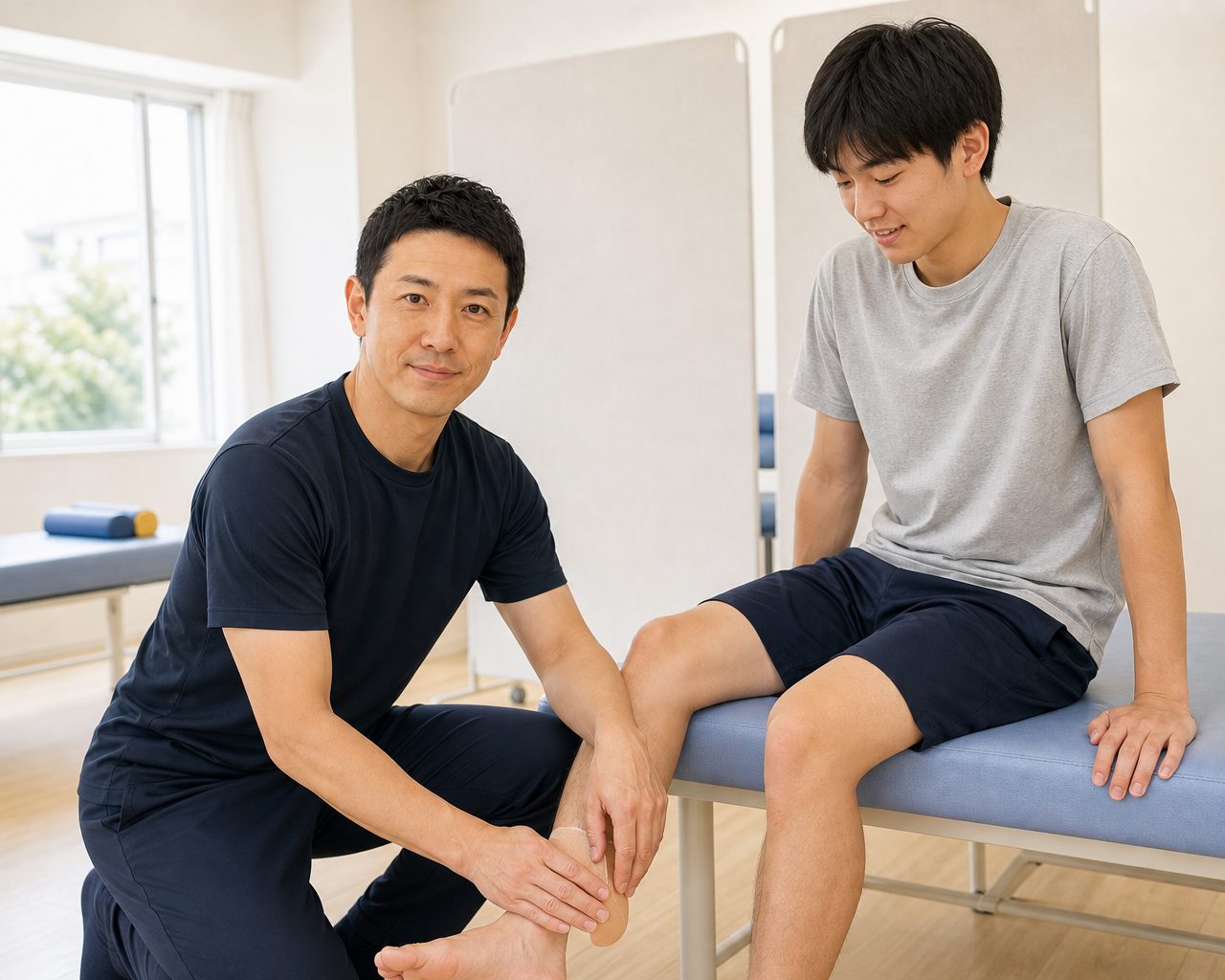 足にテーピングを受ける学生