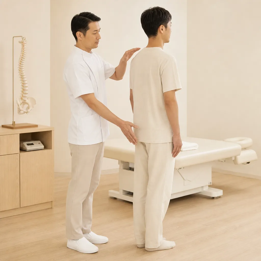 立った姿勢で骨盤と肩の傾きを確認する様子